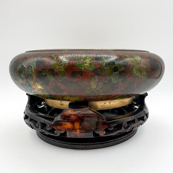 Vintage Chinese Cloisonne Enamel Bowl with Carved Lacquer Wood Stand - Picture 12 of 13
